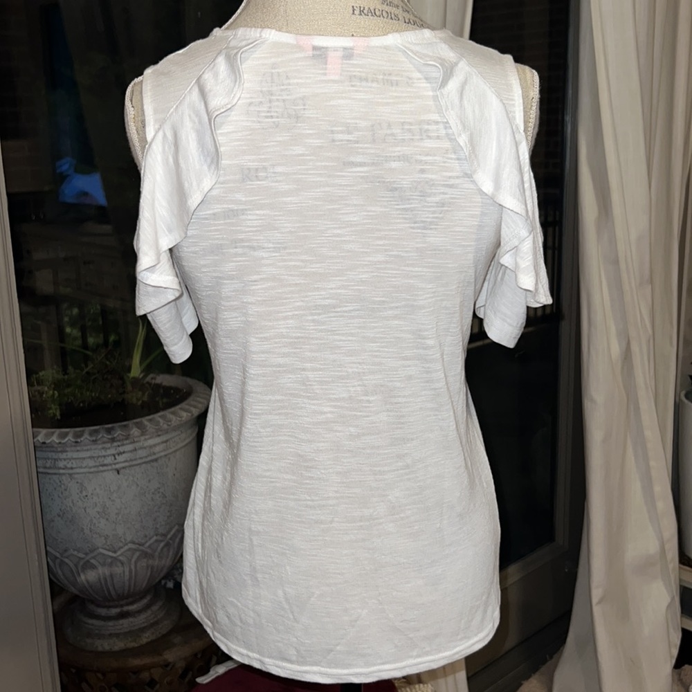 Juicy Couture white flutter open shoulder shortsleeve womens blouse Small shirt - Picture 4 of 6